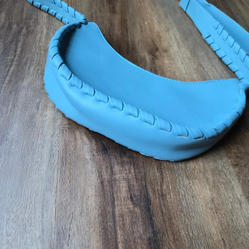 Jules‎ Kae Blue Vegan Leather Crescent Crossbody Bag Whipstitch Trim Gold PETA